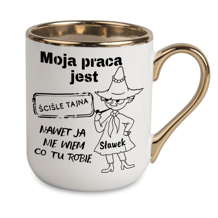 kubek z postacią włóczykija i napisem