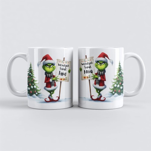Biały kubek świąteczny Grinch z imieniem