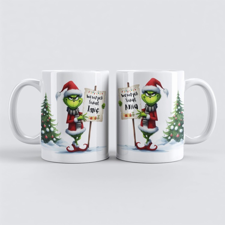 Biały kubek świąteczny Grinch z imieniem