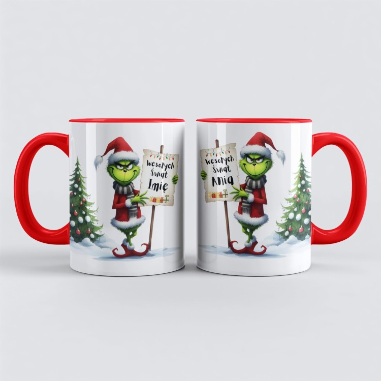 czerwony kubek świąteczny Grinch z imieniem