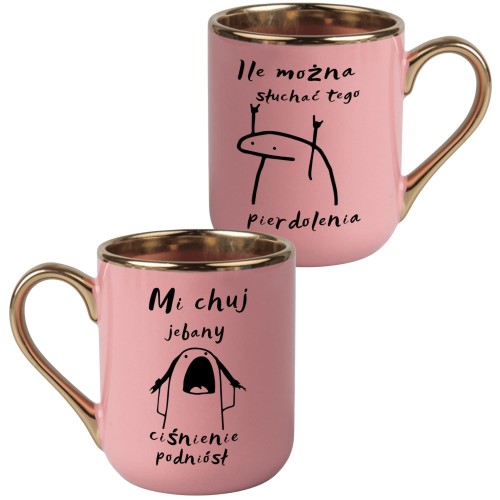 śmieszny kubek z różowej ceramiki z napisami „Mi chuj jebany ciśnienie podniósł” i „Ile można słuchać tego pierdolenia”, idealny prezent z humorem