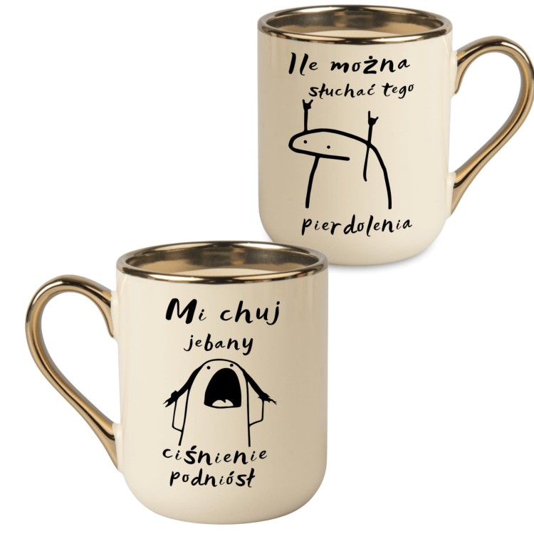 elegancki kubek kremowy z zabawnymi napisami i złotym wykończeniem – idealny prezent z humorem