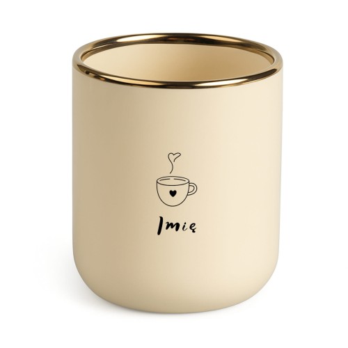 kremowy kubek z połyskiem i złotym rantem, nadruk po obu stronach, możliwość personalizacji imieniem