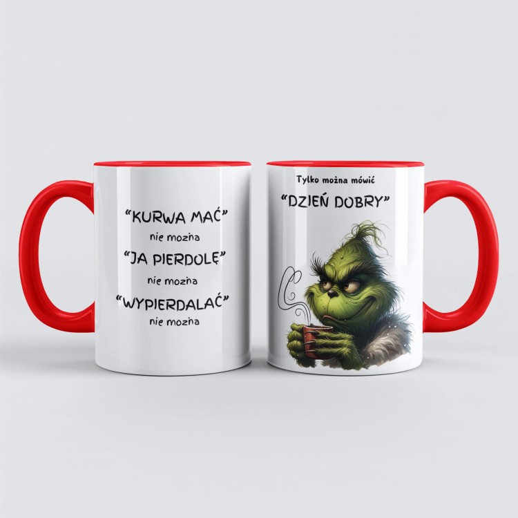 kubek z postacią grinch i mocnym napisem po lewej