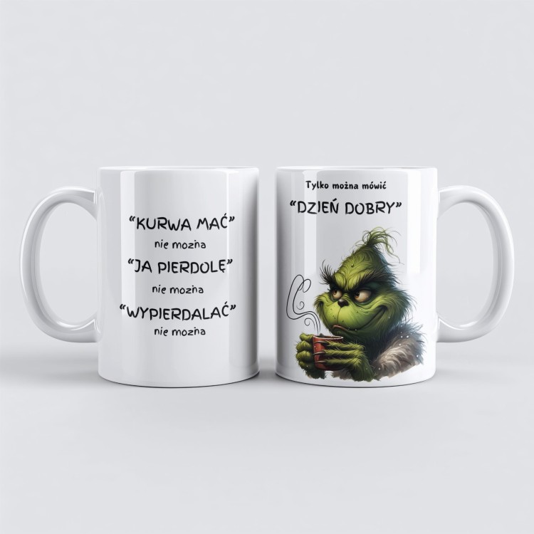 śmieszny biały kubek grinch dzień dobry nadruk dwustronny
