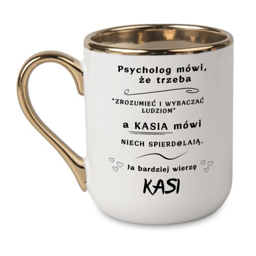 kubek personalizowany ze złotym uchem i śmiesznym tekstem