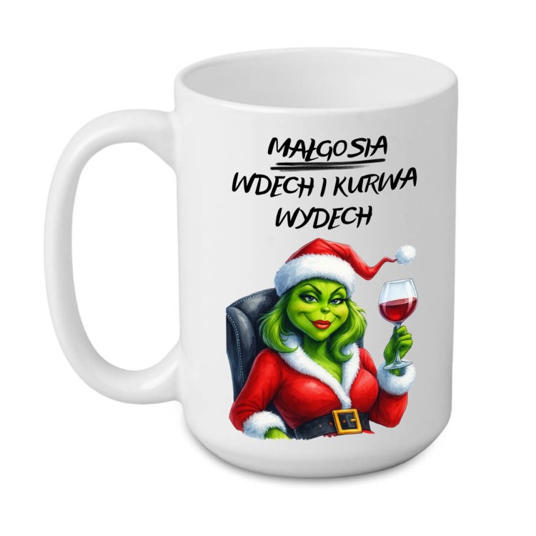 Biały kubek 440 ml z grafiką Pani Grinch trzymającej wino i nadrukiem po obu stronach