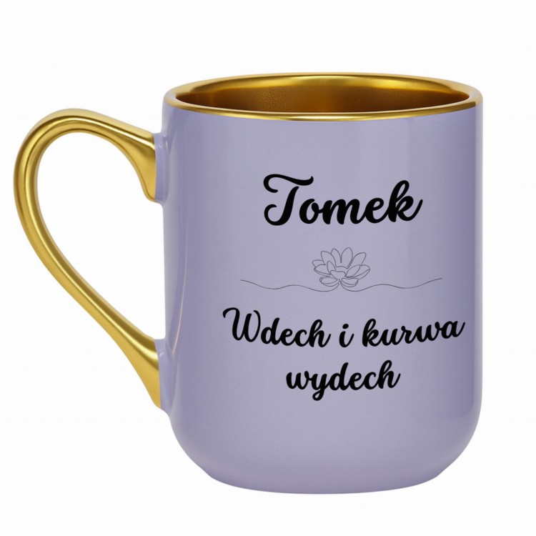 ubek w kolorze fioletowym ze złotym uchem i humorystycznym tekstem