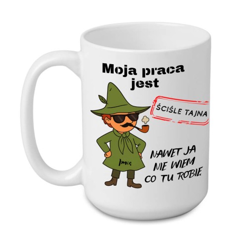 kubek z wędrowcem i śmiesznym napisem moja praca jest ściśle tajna