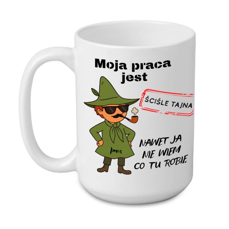 kubek z wędrowcem i śmiesznym napisem moja praca jest ściśle tajna