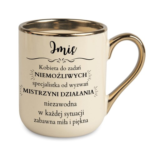 Elegancki kubek ze złotym uchem i nadrukiem po lewej i prawej stronie z możliwością dodania imienia