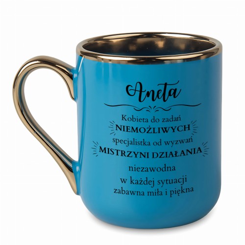 Elegancki niebieski kubek z nadrukiem po obu stronach i możliwością dodania imienia
