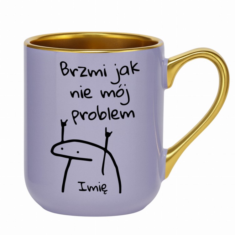 Personalizowany kubek z fioletowym tłem, zabawnym rysunkiem i miejscem na imię