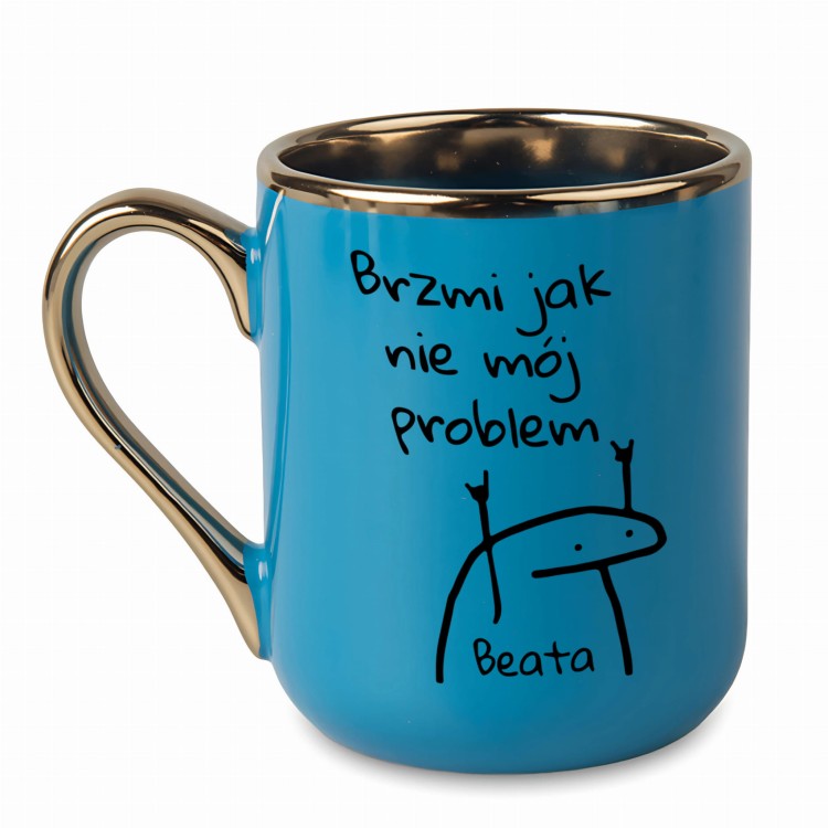 Personalizowany niebieski kubek z prostą zabawną grafiką i miejscem na imię