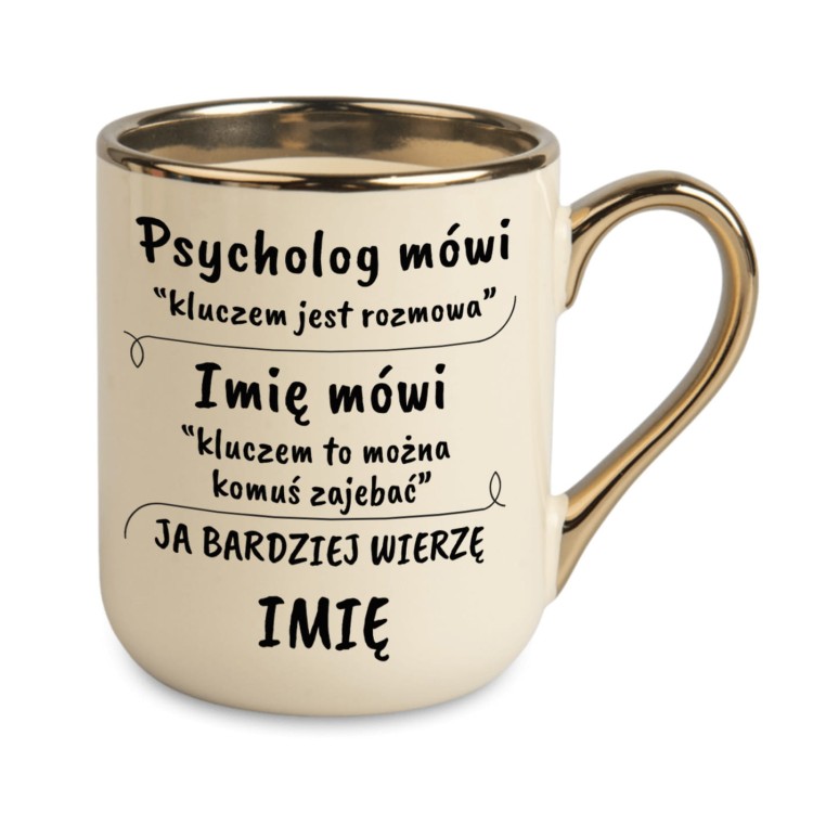 Kremowy kubek z tekstem Psycholog mówi kluczem jest rozmowa, personalizowany imieniem