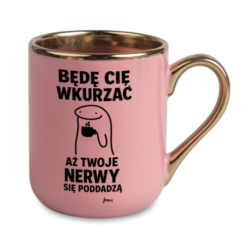 Różowy personalizowany kubek z imieniem i napisem Będę Cię wkurzać