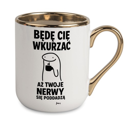Biały personalizowany kubek z imieniem i napisem Będę Cię wkurzać