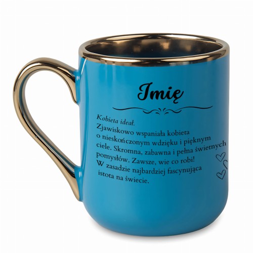 Niebieski personalizowany kubek z imieniem i tekstem Kobieta ideał