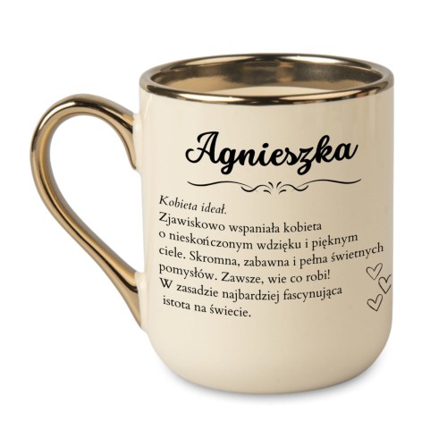 Kremowy personalizowany kubek z imieniem i tekstem Kobieta ideał