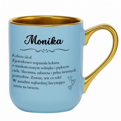 Jasnoniebieski personalizowany kubek z imieniem i tekstem Kobieta ideał