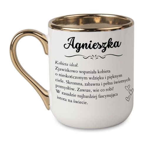 Biały personalizowany kubek z imieniem i tekstem Kobieta ideał