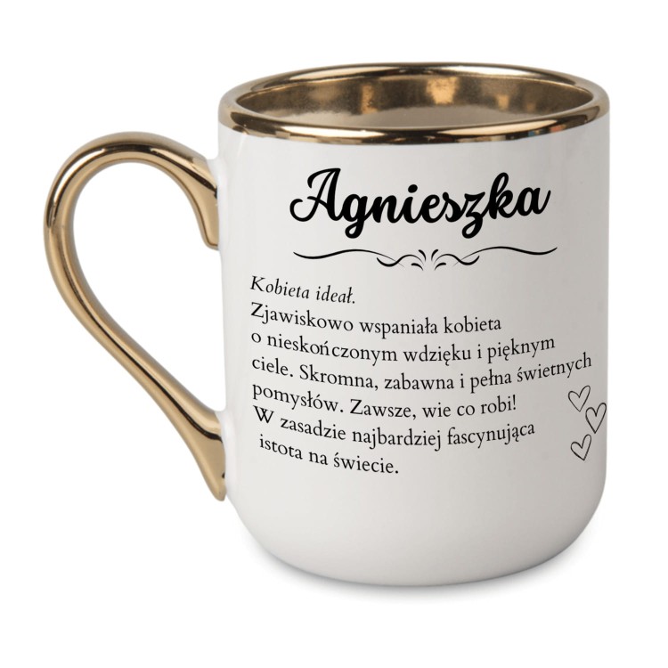 Biały personalizowany kubek z imieniem i tekstem Kobieta ideał