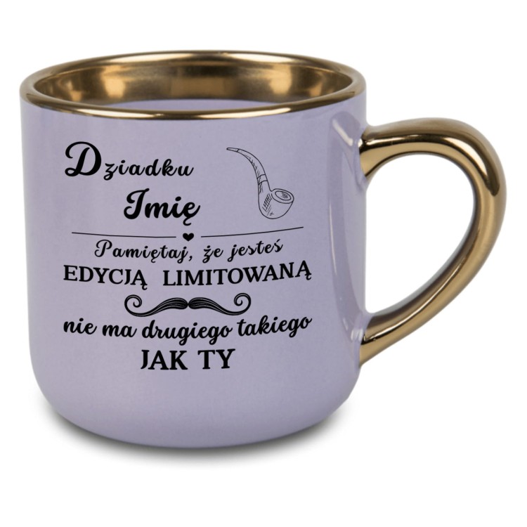 Personalizowany kubek na Dzień Dziadka z imieniem, zielony kubek ze złotym uchem i rantem, nadruk edycja limitowana po obu stronach