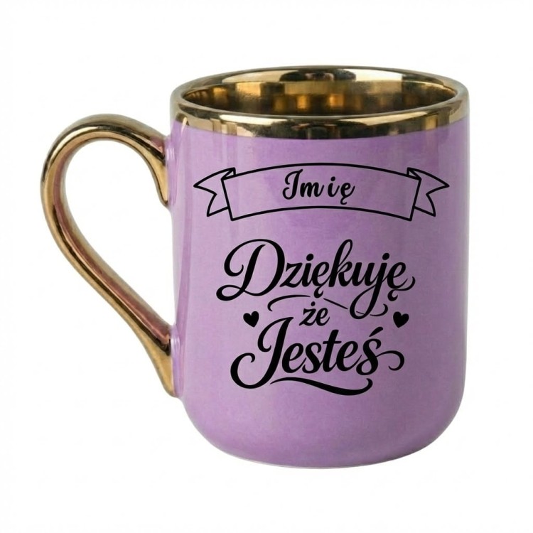 Kubek z napisem Dziękuję że Jesteś personalizowany imieniem elegancki prezent