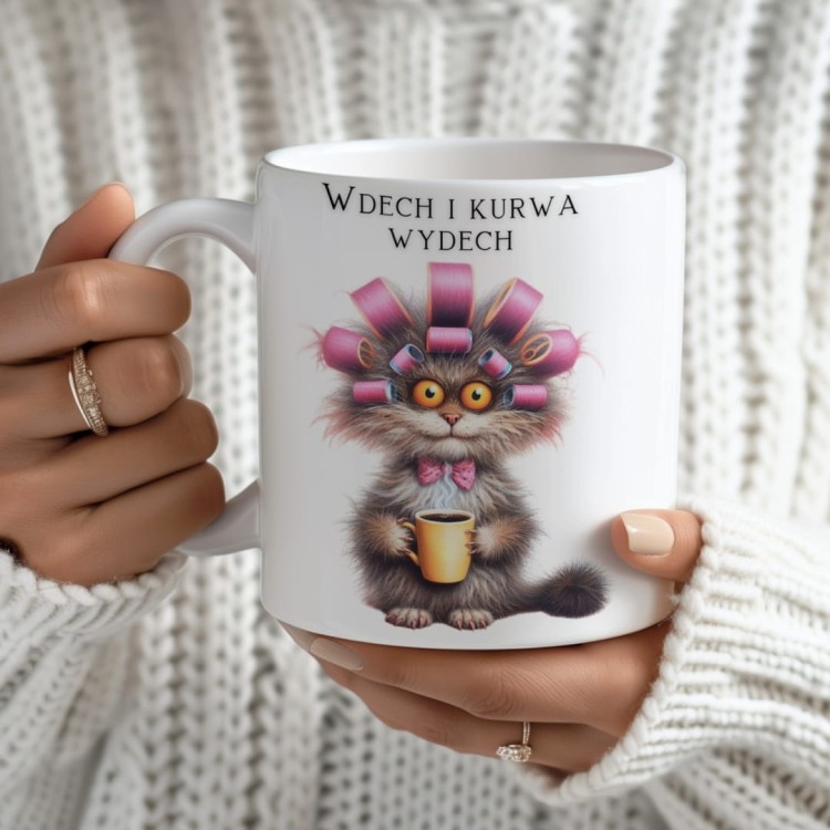 kubek ceramiczny z nadrukiem kota i tekstem wdech i kurwa wydech