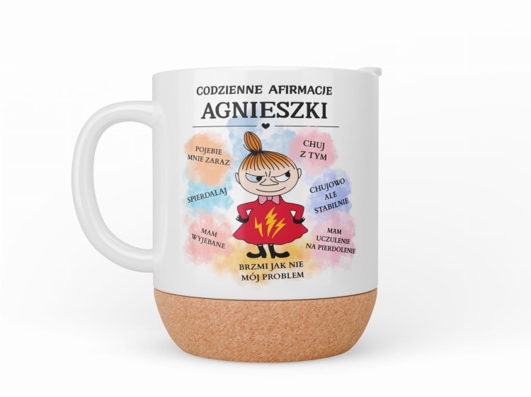 Kubek personalizowany z imieniem z napisem Codzienne afirmacje i korkową podstawą