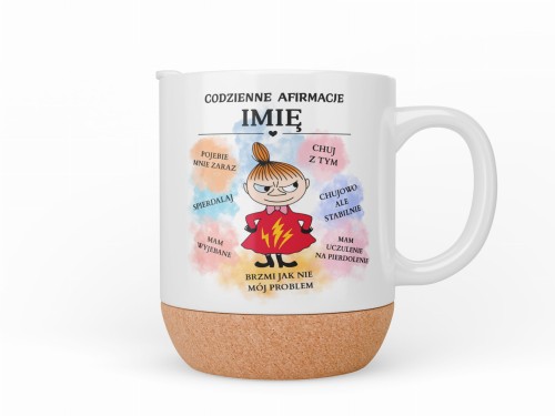 Śmieszny kubek z mocnym tekstem, personalizowany imieniem, z wieczkiem i podstawką z korka
