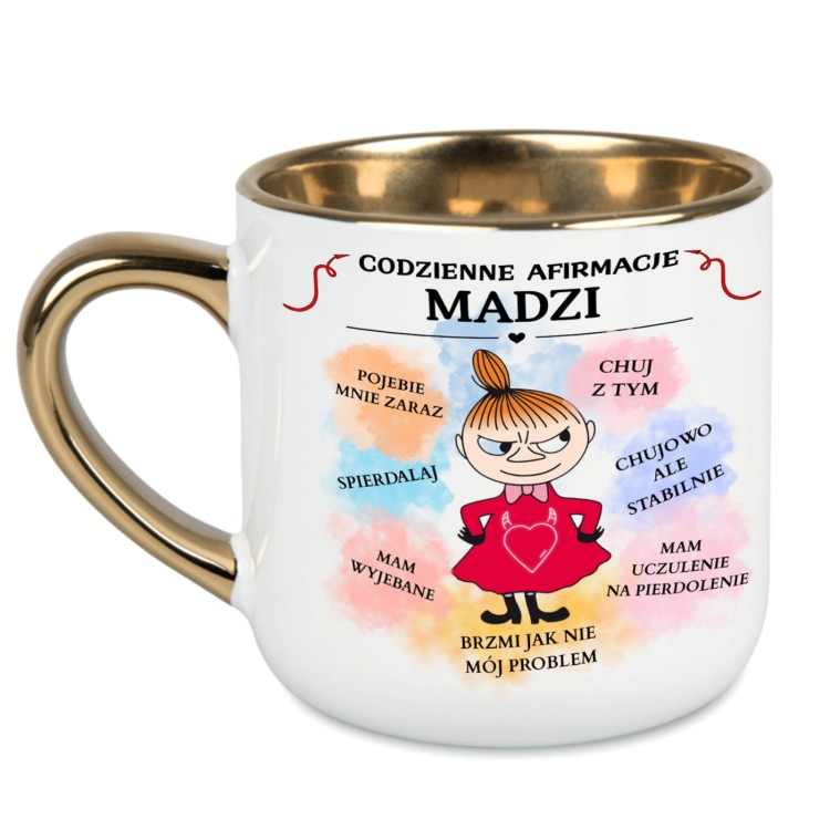 Elegancki kubek 400 ml z imieniem afirmacje humorystyczna grafika złoty rant