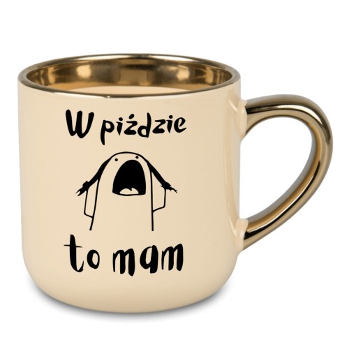 Elegancki kubek ceramiczny z nadrukiem W piździe to mam i możliwością personalizacji imieniem