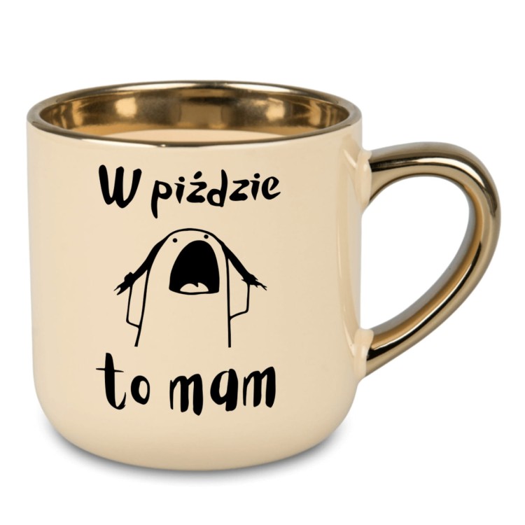 Elegancki kubek ceramiczny z nadrukiem W piździe to mam i możliwością personalizacji imieniem
