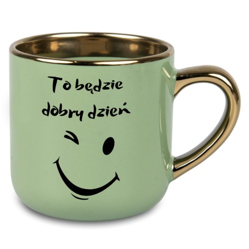 Kubek personalizowany zielony 400 ml – napis To będzie dobry dzień i grafika uśmiechu po prawej stronie