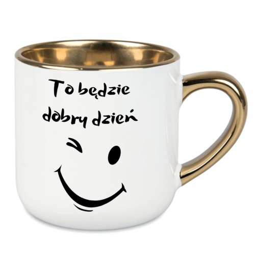 Kubek personalizowany biały 400 ml – napis To będzie dobry dzień z grafiką uśmiechu po prawej stronie