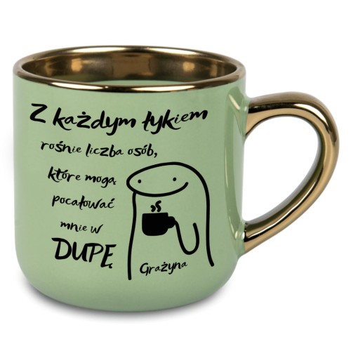 Zielony kubek personalizowany 400 ml ze złotym uchem i rantem z humorystycznym nadrukiem i imieniem Grażyna