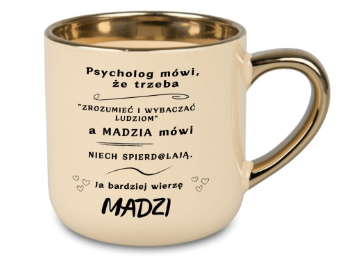 Szeroki kubek 400 ml kremowy ze złotym rantem i nadrukiem po lewej i prawej stronie personalizowany dowolnym imieniem na prezent