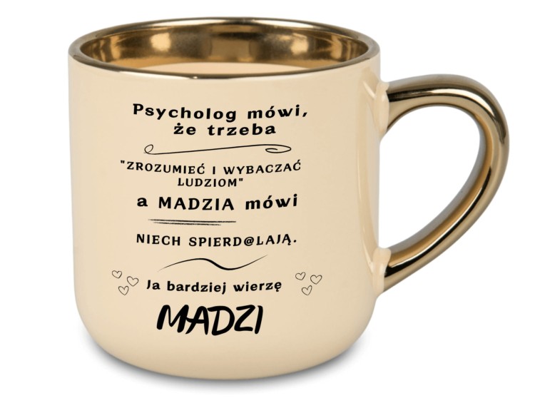 Szeroki kubek 400 ml kremowy ze złotym rantem i nadrukiem po lewej i prawej stronie personalizowany dowolnym imieniem na prezent