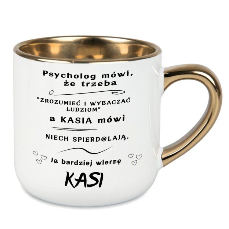 Biały kubek personalizowany imieniem z tekstem Ja bardziej wierzę IMIĘ nadruk po obu stronach szeroki 400 ml elegancki prezent