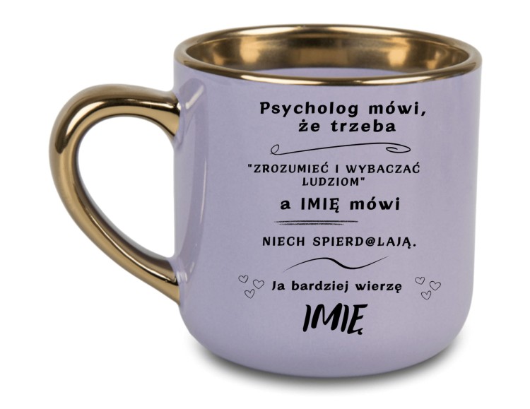 Kubek fioletowy personalizowany imieniem z tekstem Ja bardziej wierzę IMIĘ nadruk po obu stronach szeroki 400 ml elegancki prezent