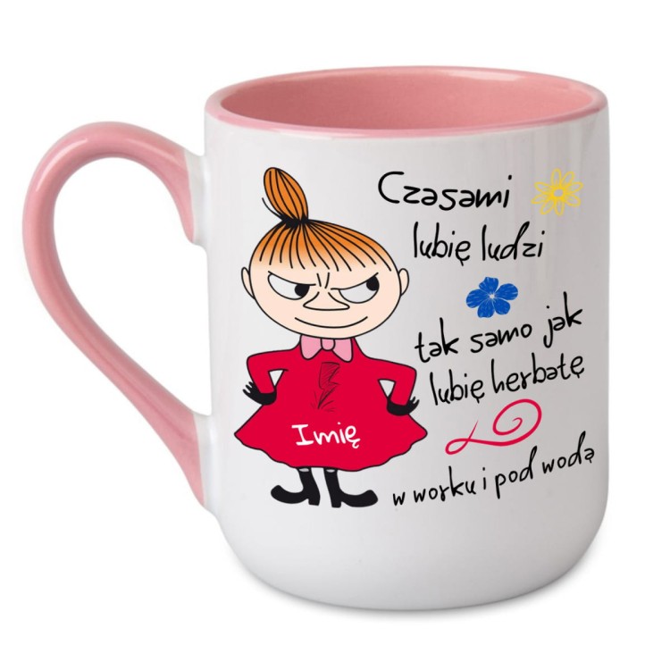 Kubek personalizowany różowy Czasami lubię ludzi tak samo jak lubię herbatę w worku i pod wodą z imieniem nadruk po obu stronach