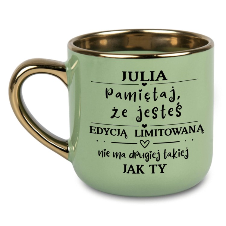Zielony kubek personalizowany 400 ml ze złotym uchem i rantem – nadruk Edycja Limitowana z imieniem po lewej i prawej stronie