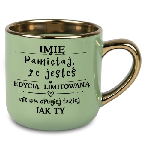 Kubek zielony z imieniem 400 ml, złote ucho i złoty rant – prezent na Dzień Kobiet, urodziny, imieniny