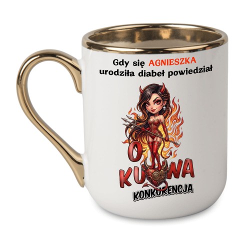 biały kubek z grafiką diablicy personalizowany dowolnym imieniem zabawny prezent dla kobiety nadruk dwustronny złoty rant