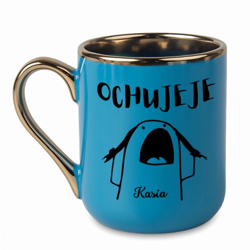 kubek z napisem OCHUJEJE niebieski kubek ze złotym rantem personalizowany imieniem
