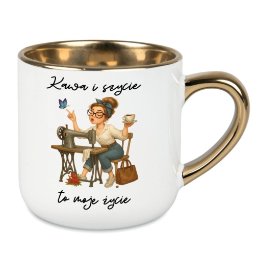 kubek personalizowany kawa i szycie to moje życie złote ucho 400 ml imię nadruk dwustronny