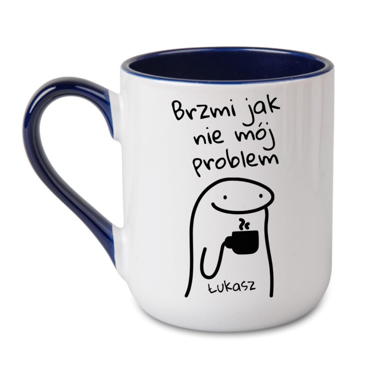 kubek granatowy personalizowany brzmi jak nie mój problem imię na grafice nadruk po obu stronach