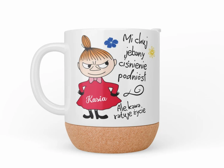 kubek personalizowany imię mocny napis kawa ratuje życie korek wieczko