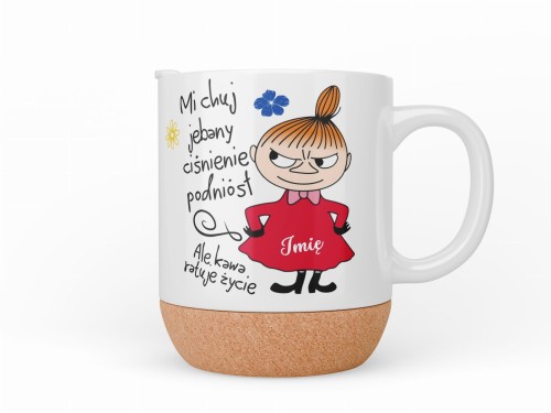 kubek z korkową podstawą i wieczkiem personalizowany imieniem humorystyczny napis